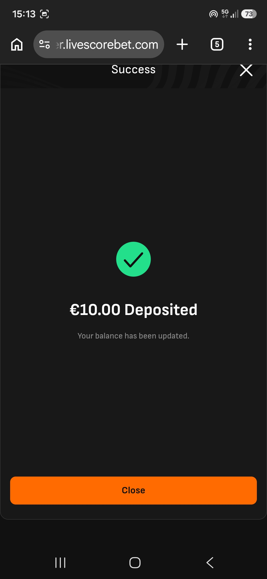 LivescoreBet deposit success