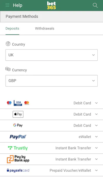 bet365 deposit methods