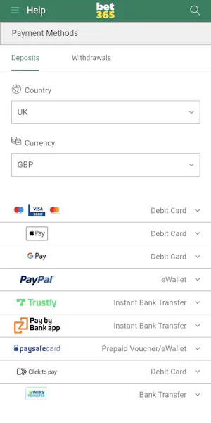 bet365 deposit methods