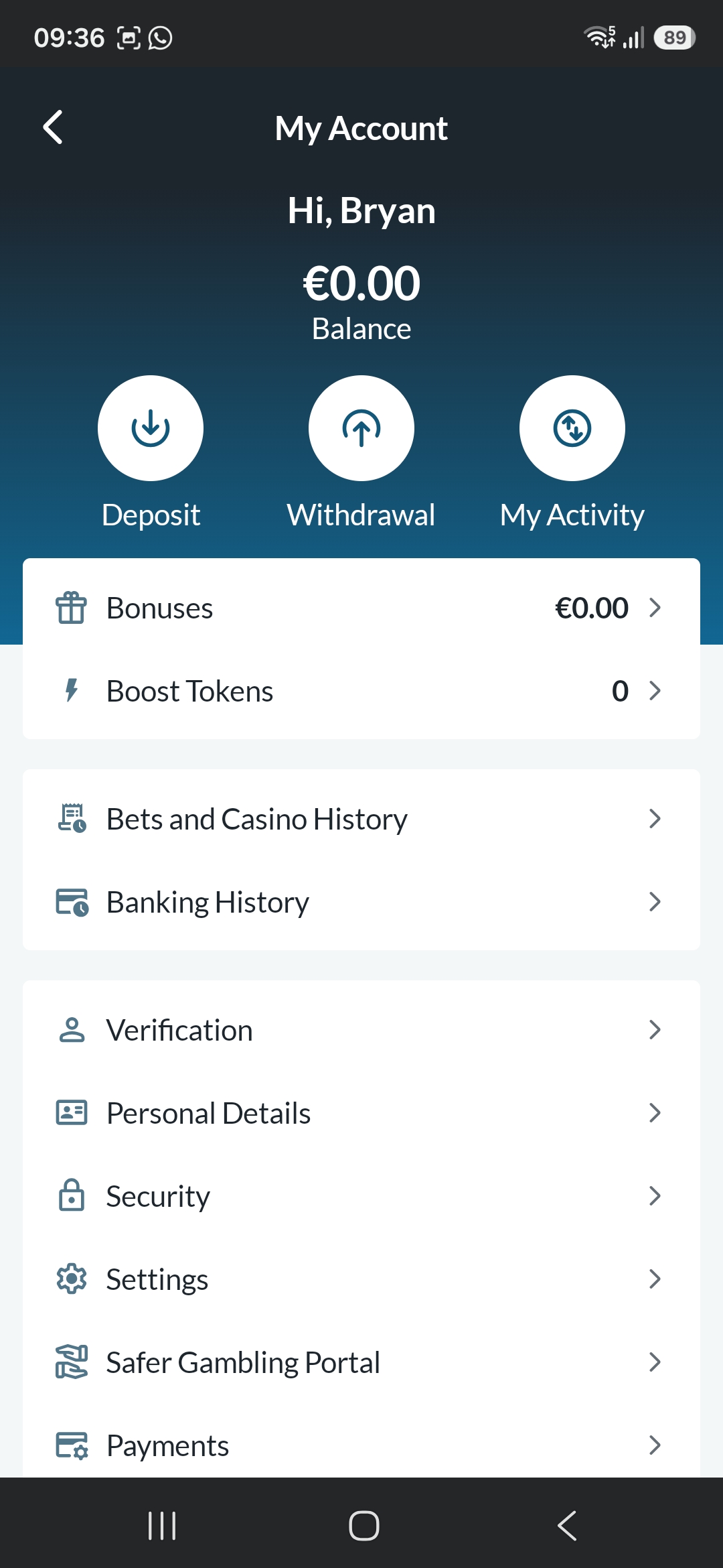 Quick deposit option