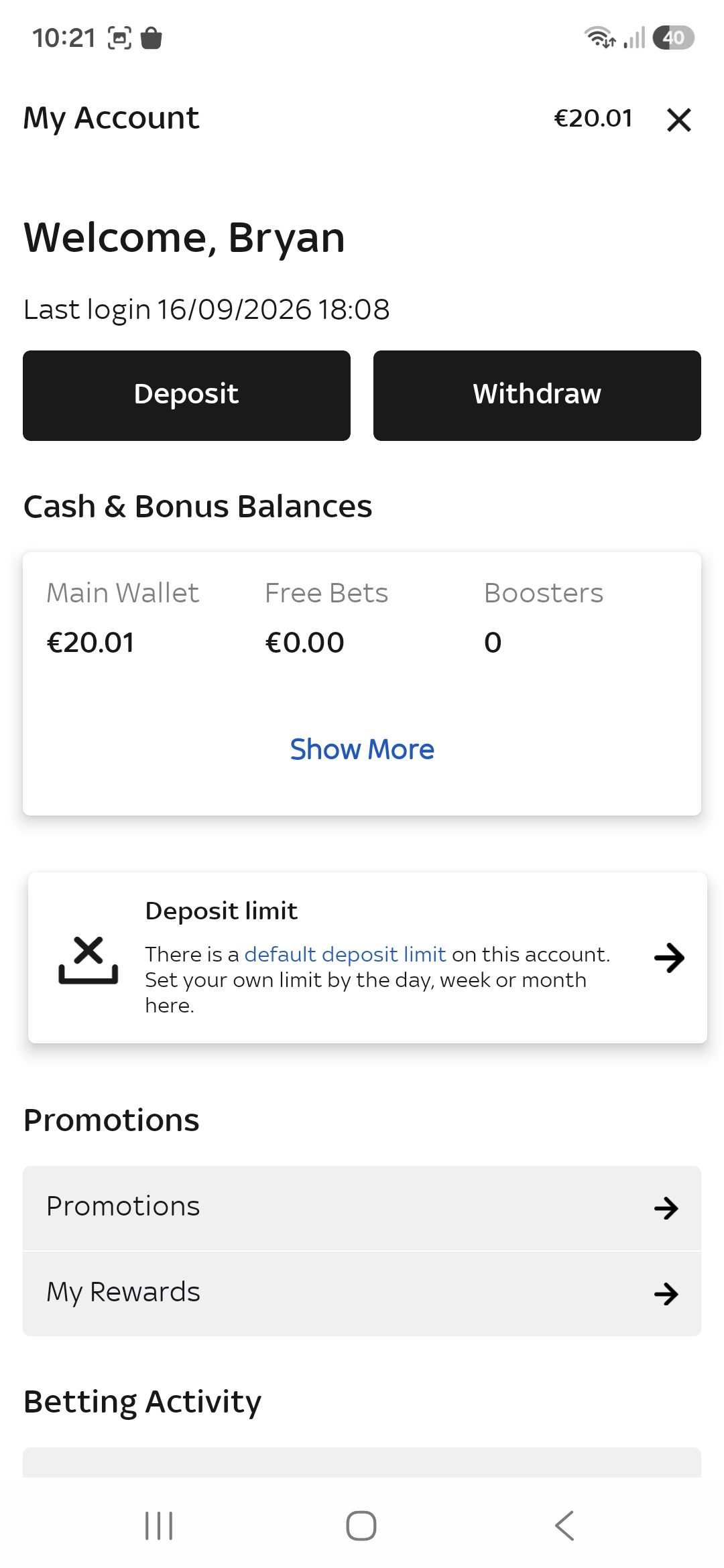 Sky Bet withdraw button