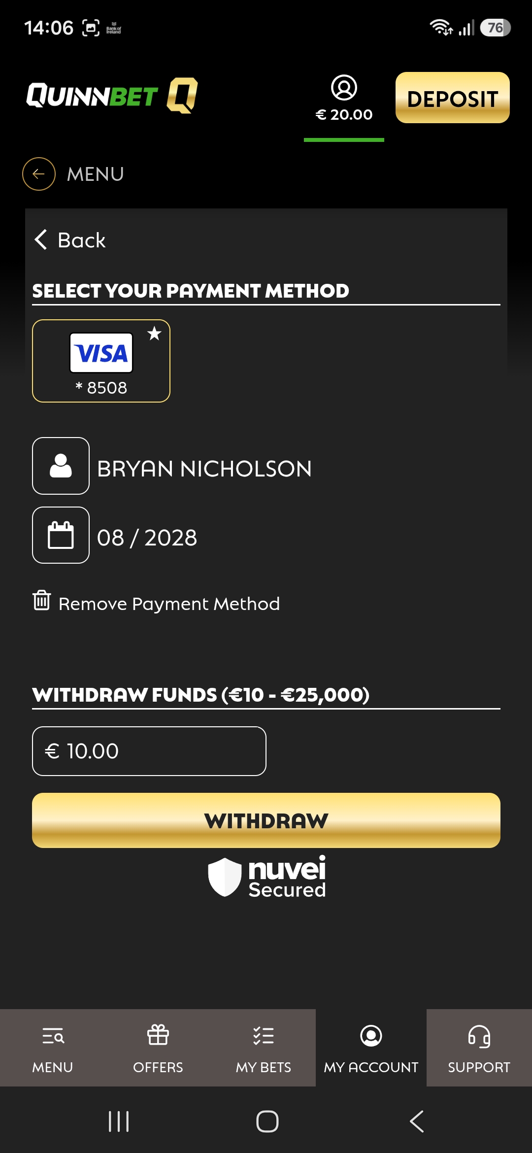 QuinnBet Withdrawal amount