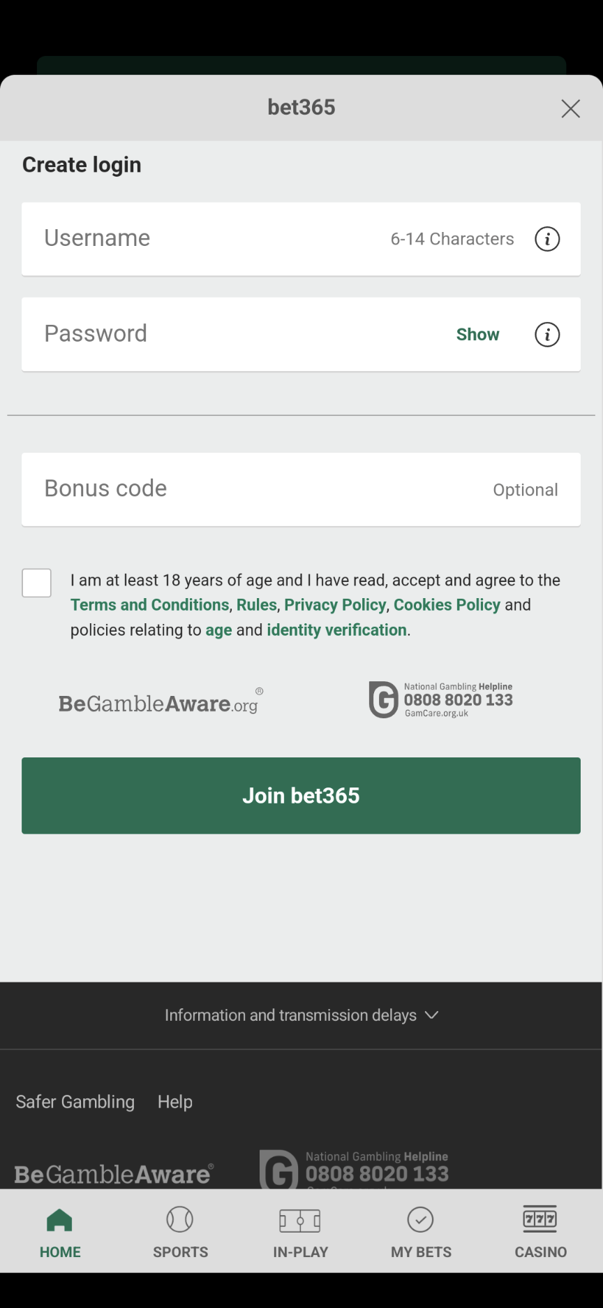 bet365 username and password app