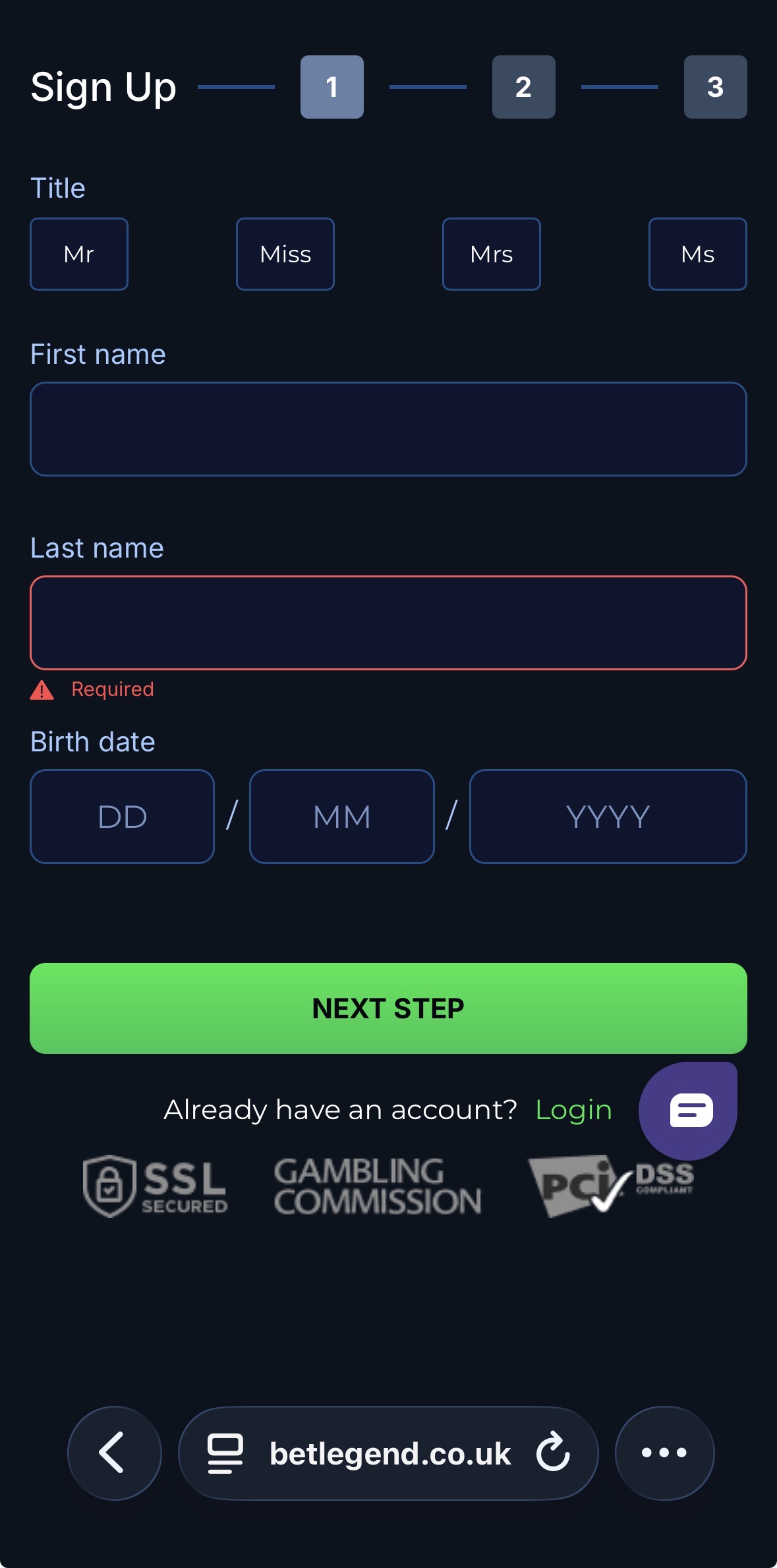 BetLegend Sign Up 2
