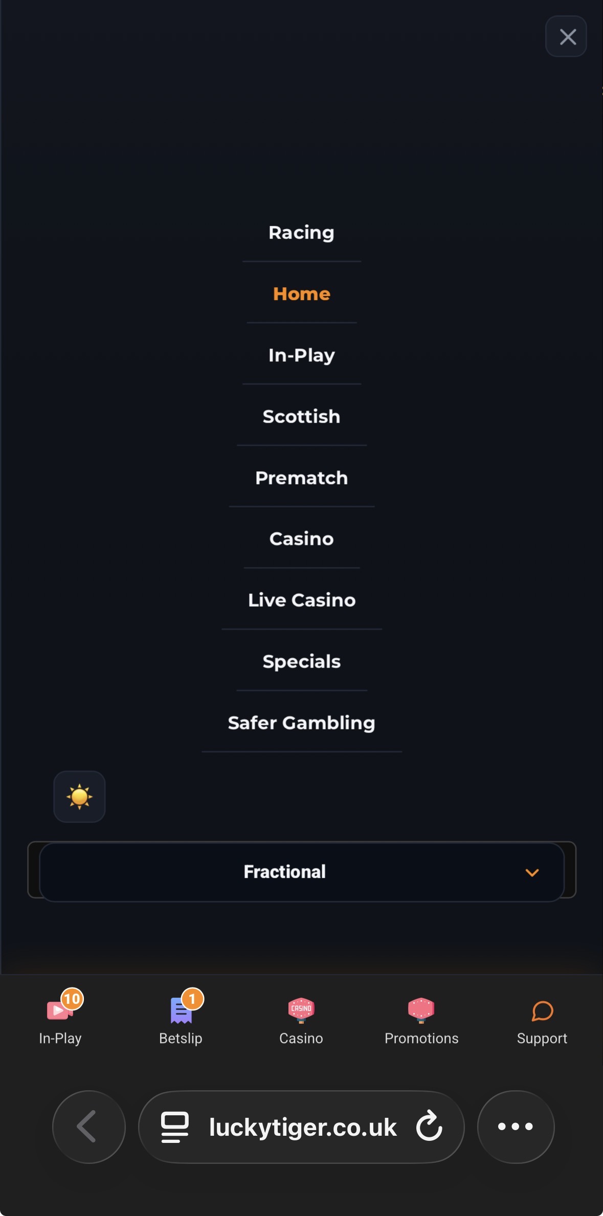 Lucky Tiger Sportsbook Menu