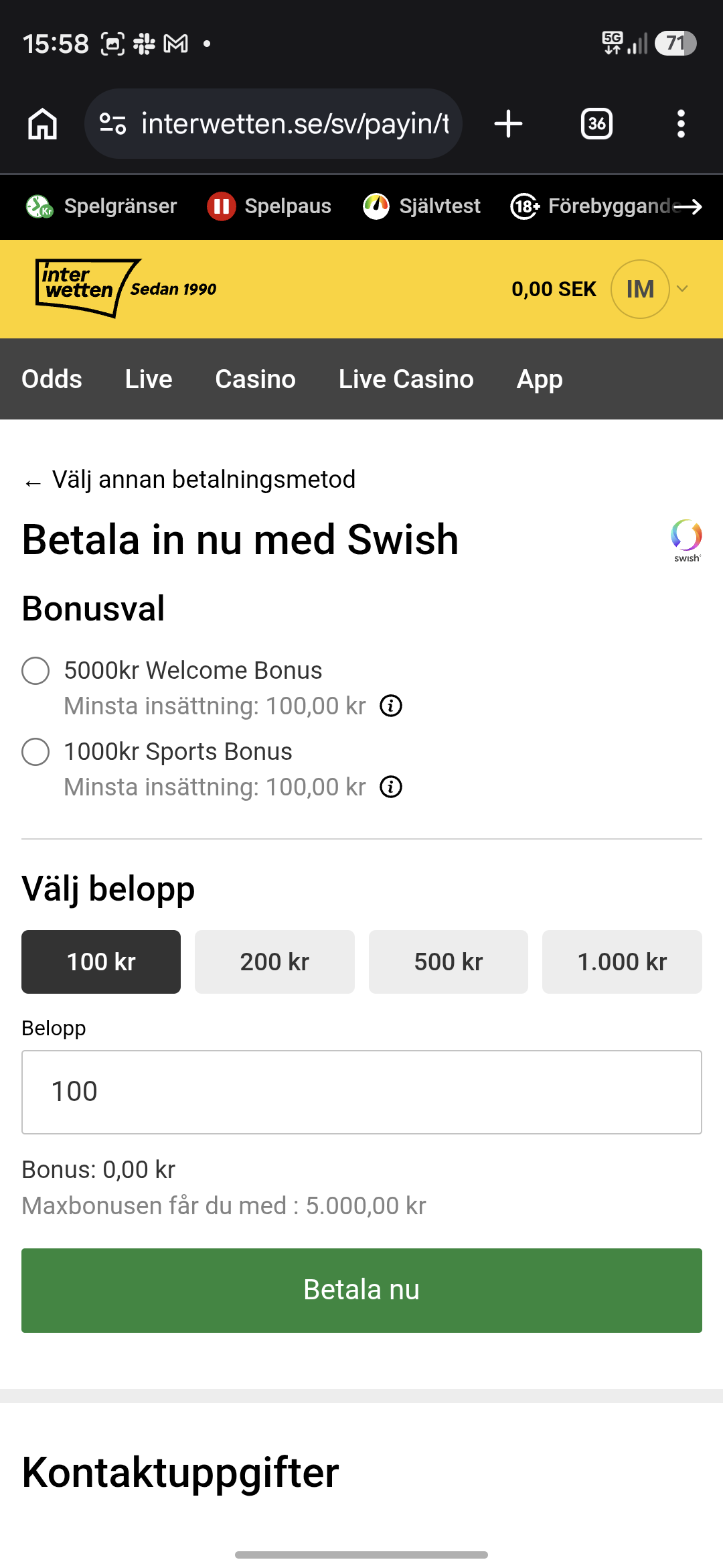 Insättning - Interwetten