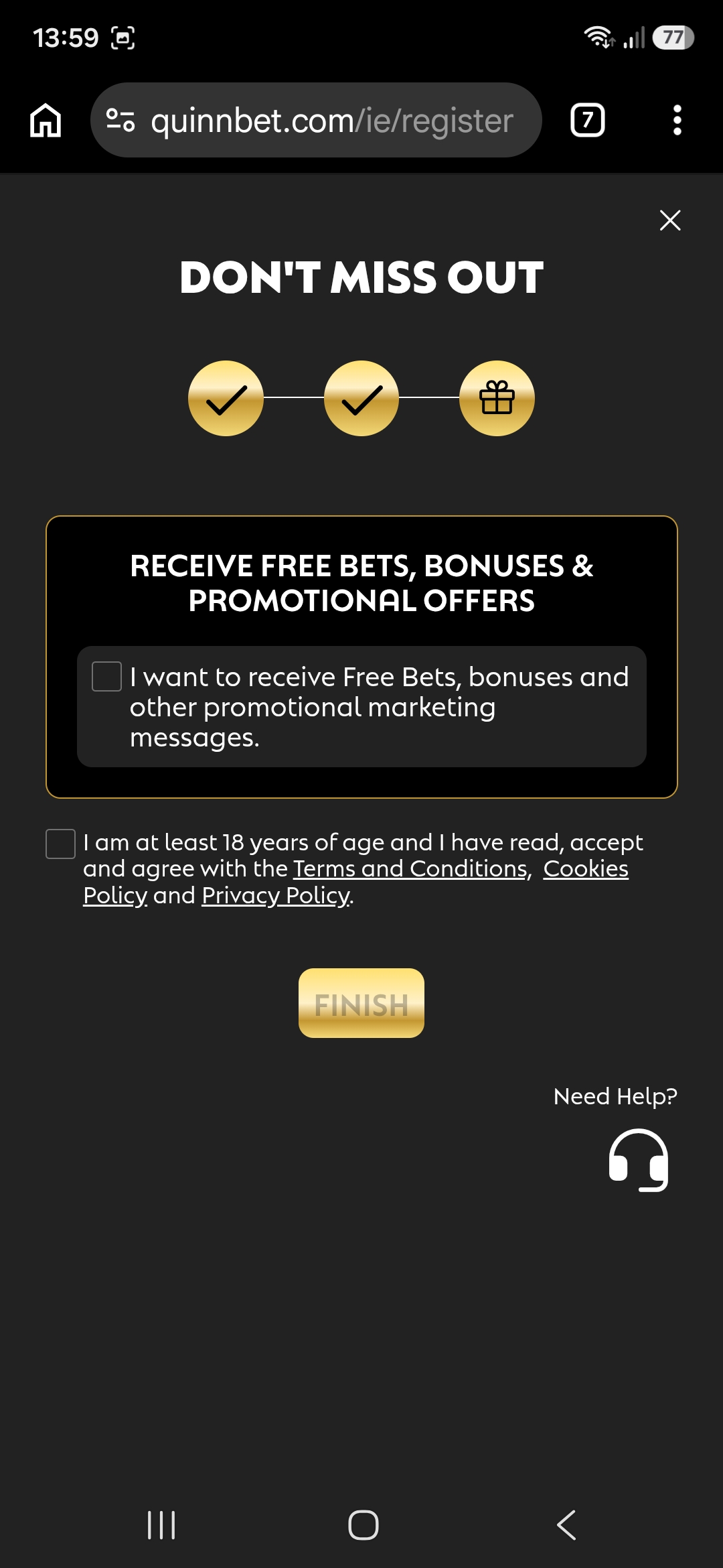 QuinnBet registration complete