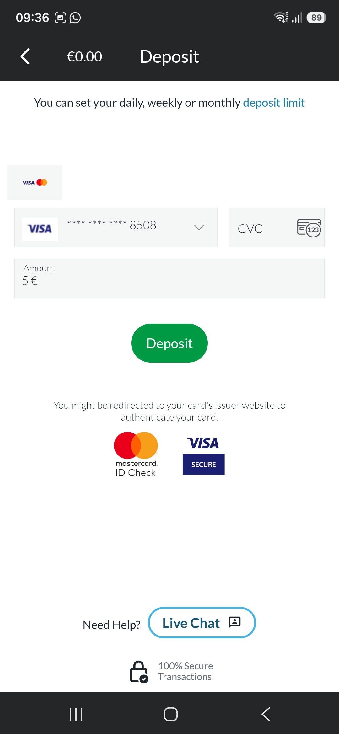 Enter desired deposit amount