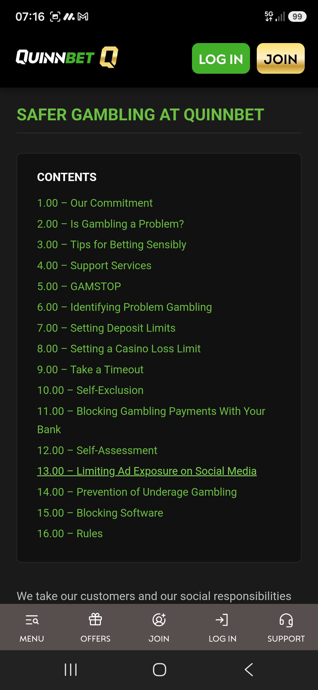 QuinnBet safer gambling