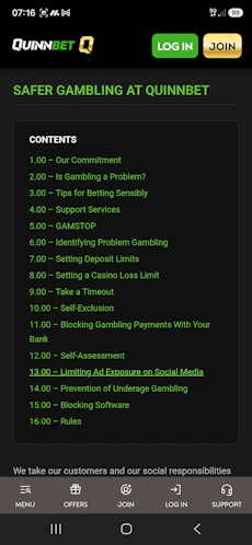 QuinnBet safer gambling