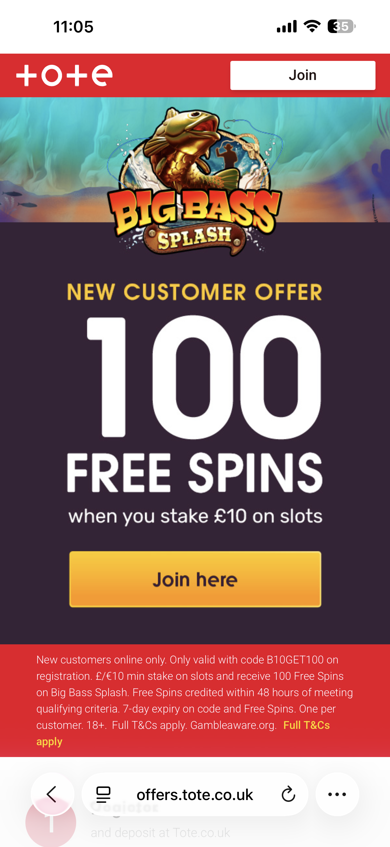 Tote 100 Free Spin Offer