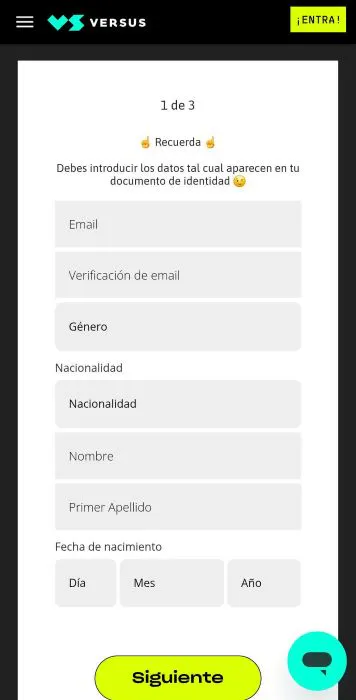 Versus registrarse 3