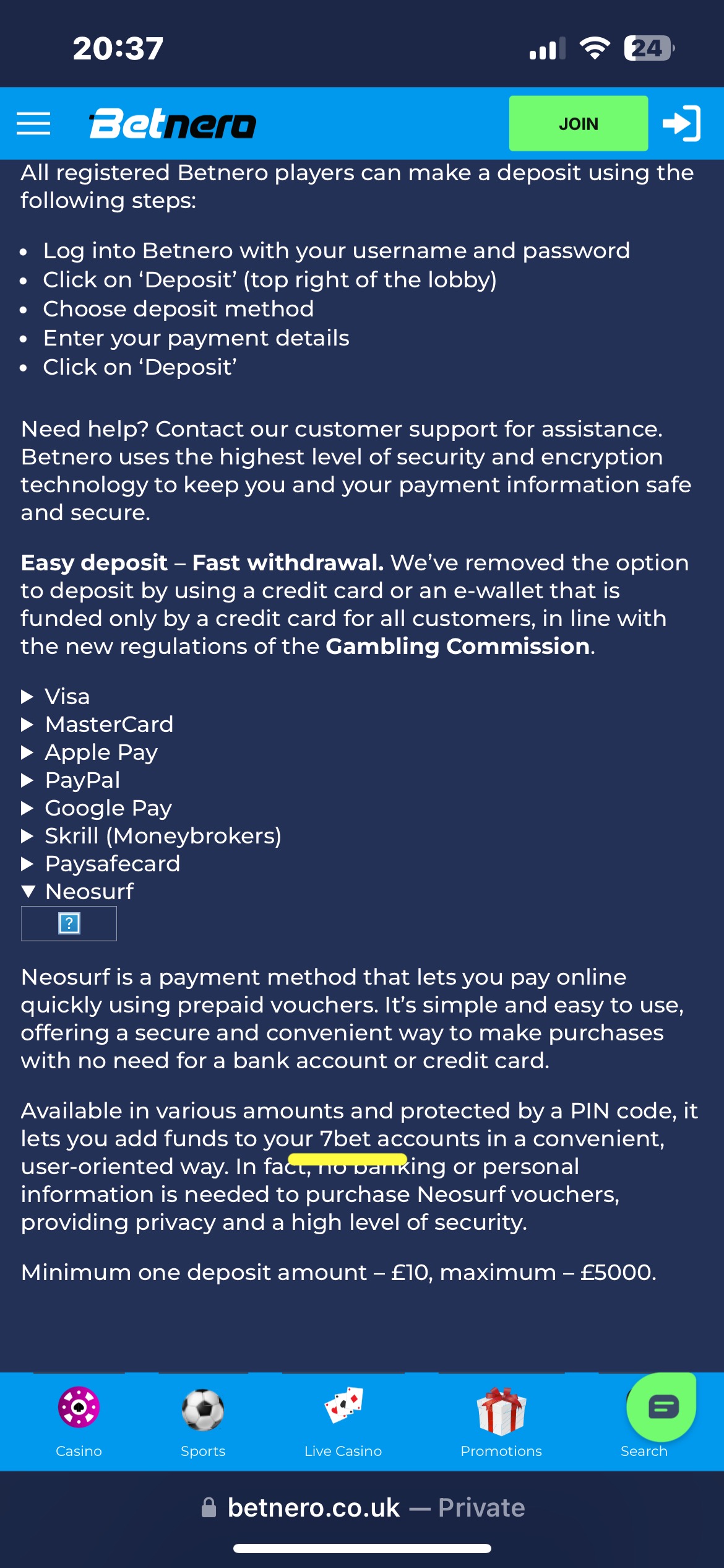 BetNero Incorrect Payment Method Listings