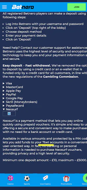 BetNero Incorrect Payment Method Listings