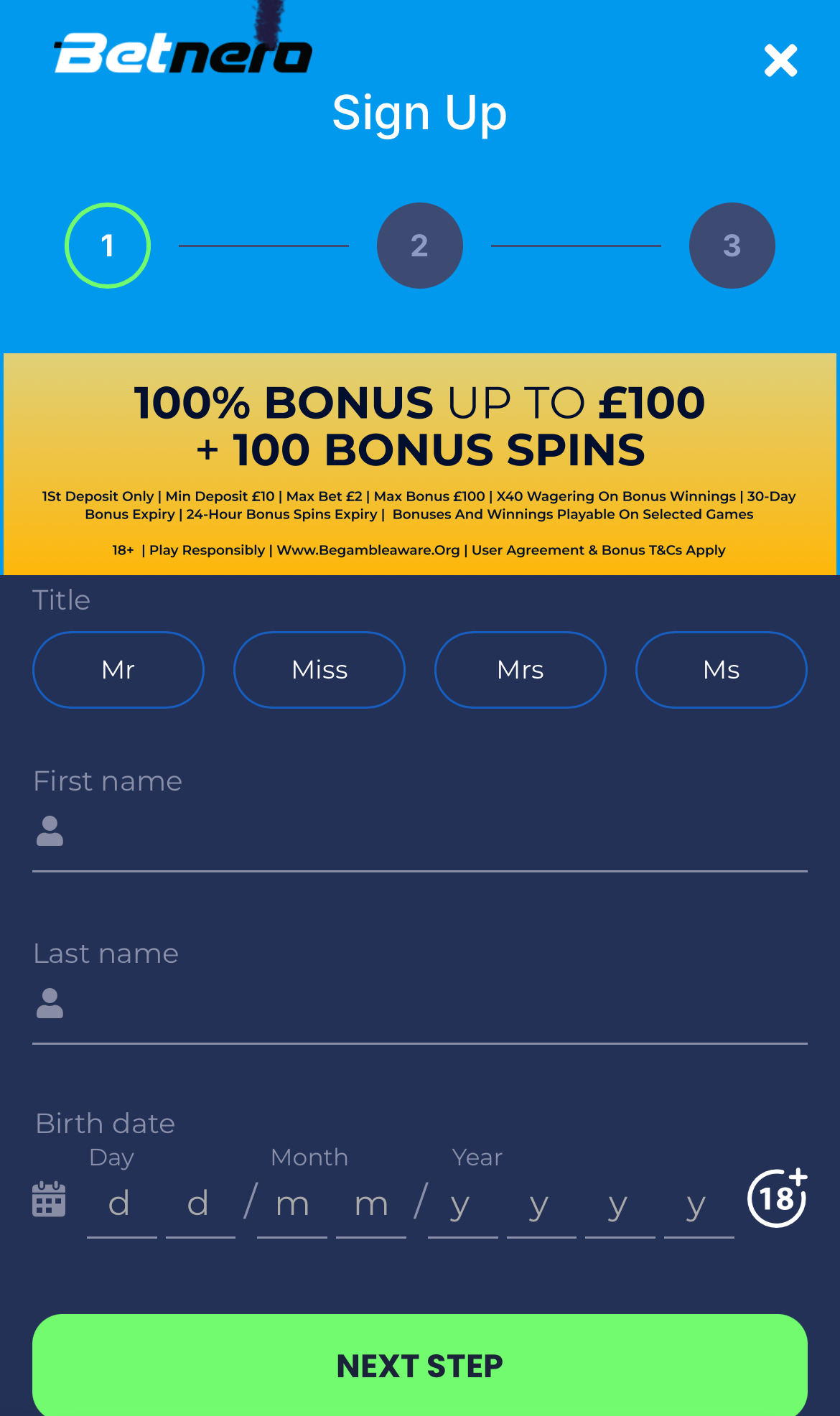 BetNero Sign up step 2