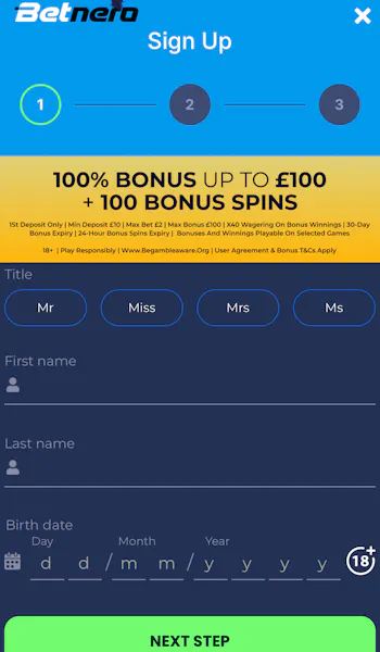 BetNero Sign up step 2