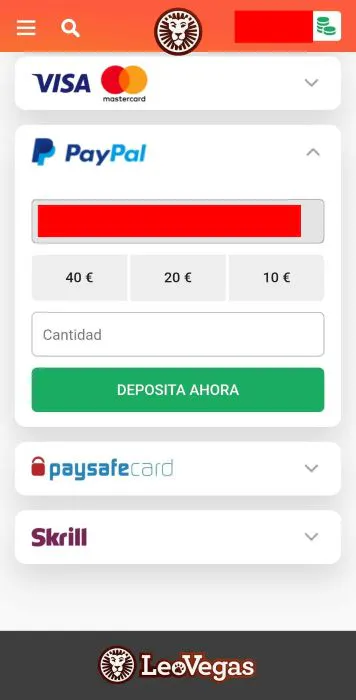 LeoVegas depositar Paypal