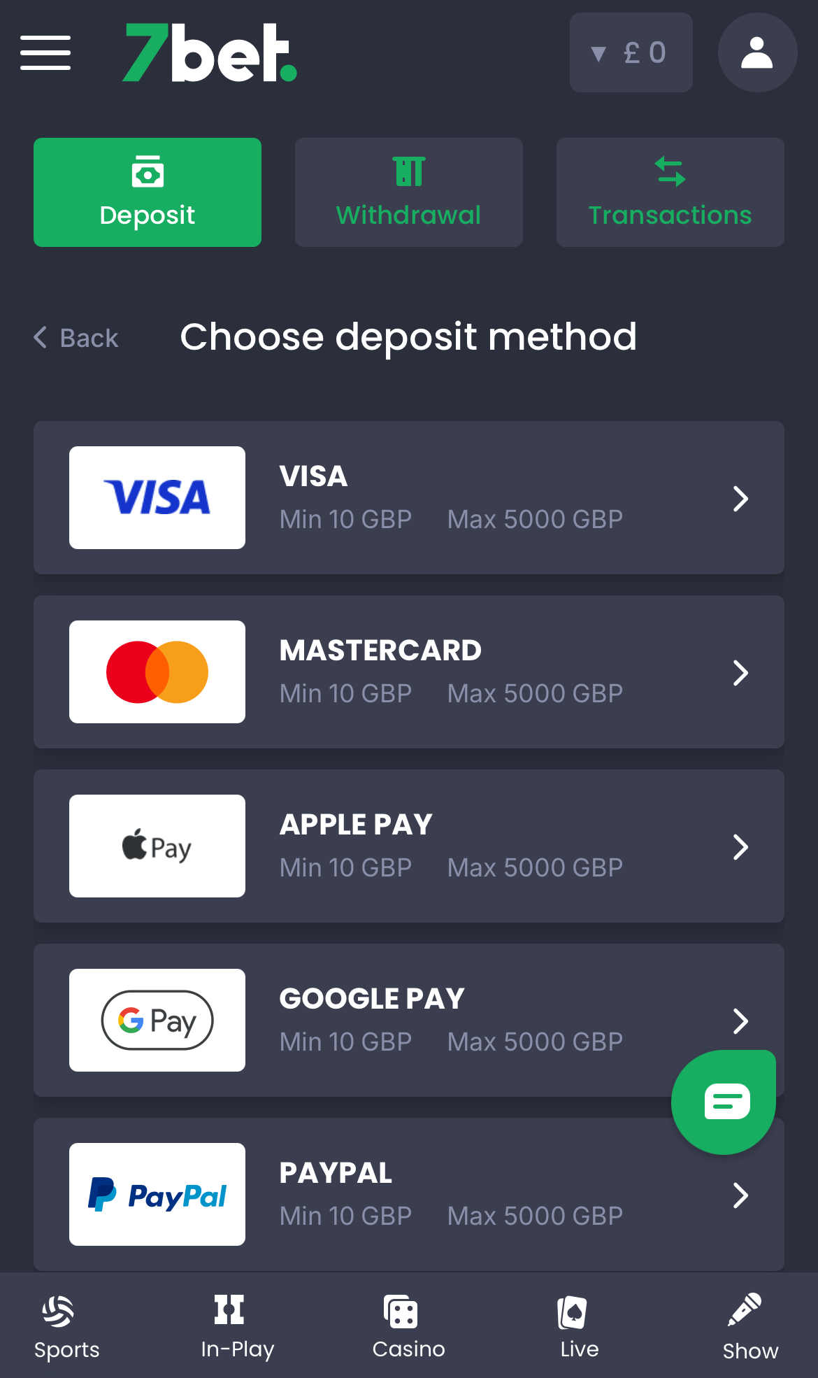 7Bet Deposit Methods