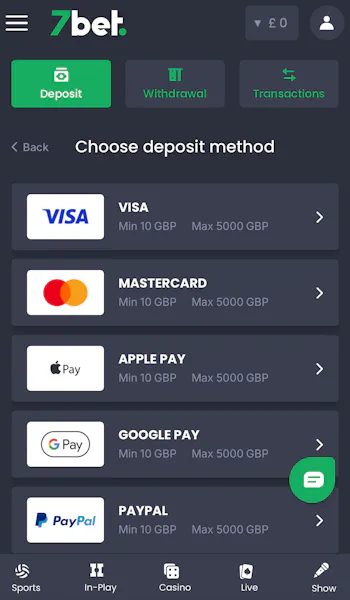 7Bet Deposit Methods