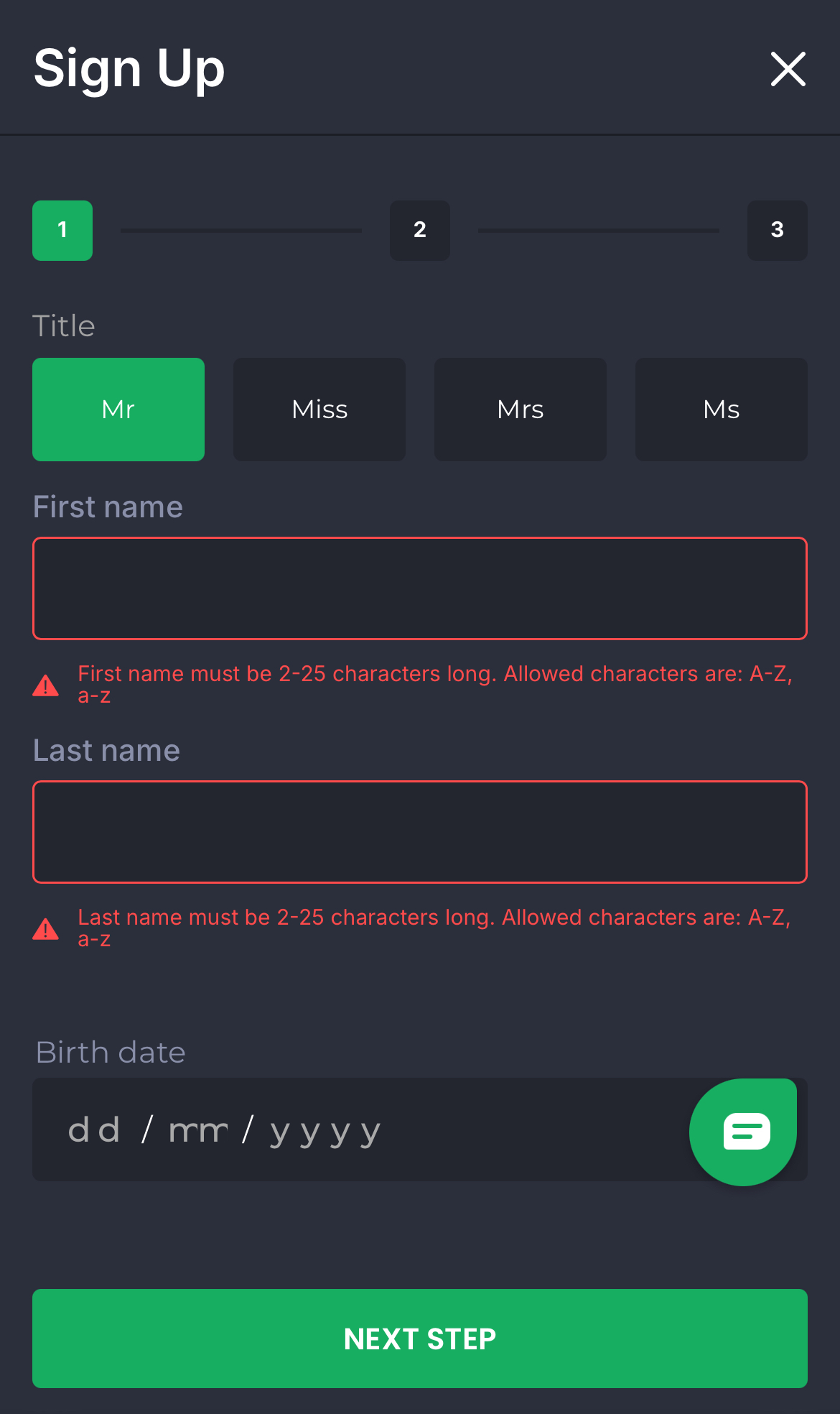 7Bet - Sign Up Personal Details