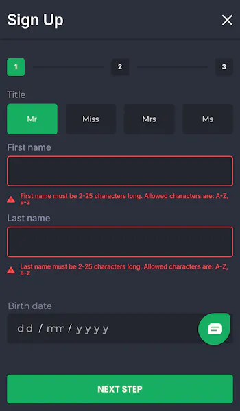 7Bet - Sign Up Personal Details