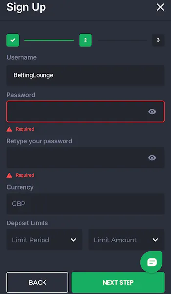 7Bet - Sign Up - User and Password