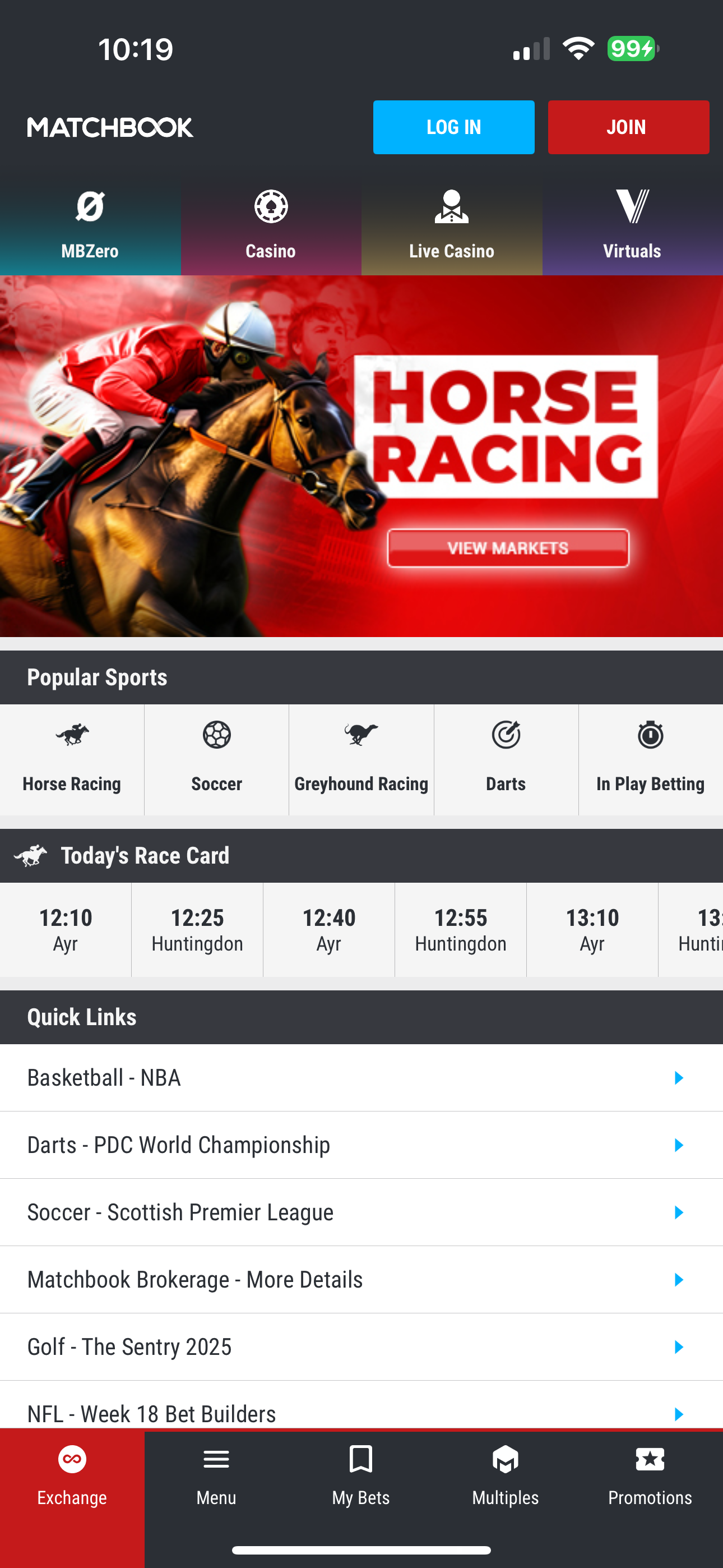 Matchbook Home Screen