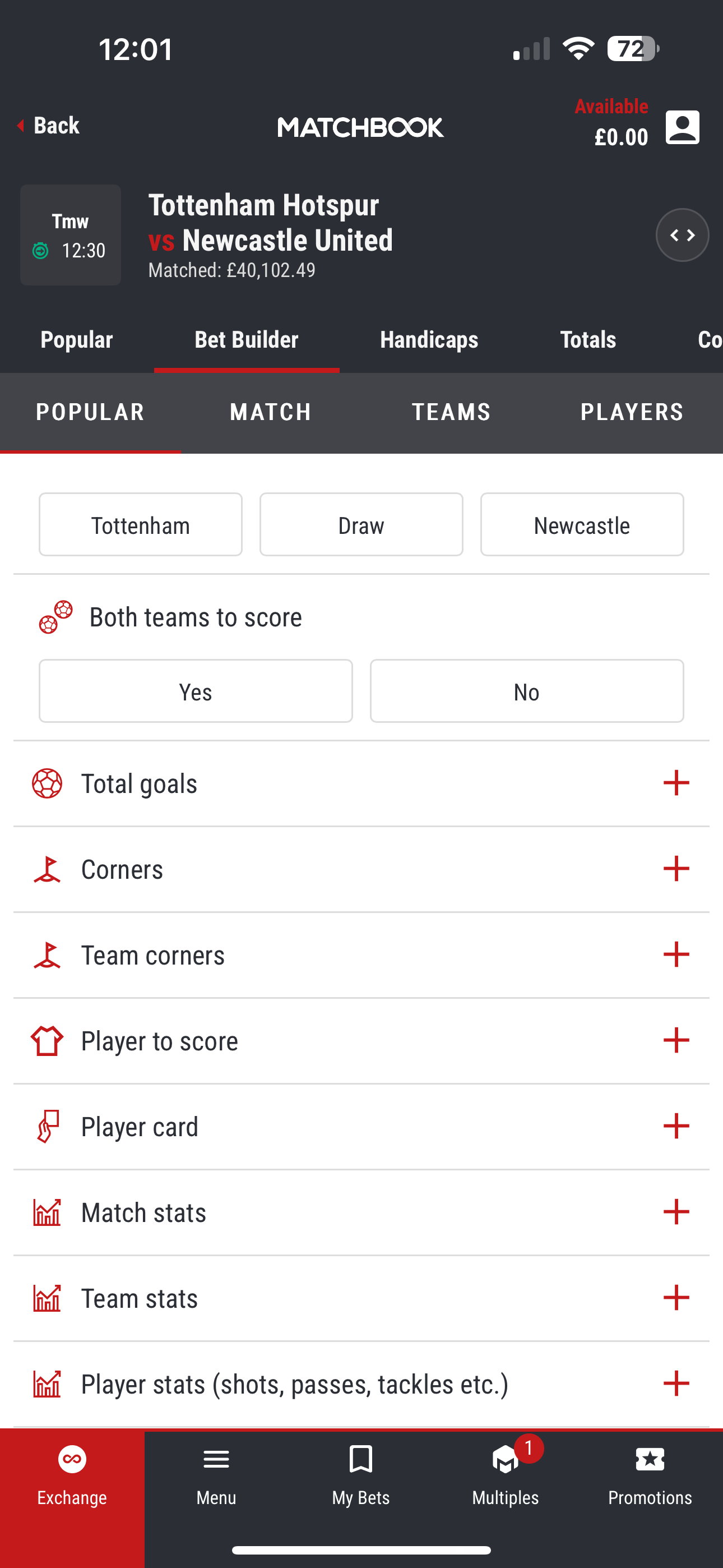 Matchbook Bet Builders