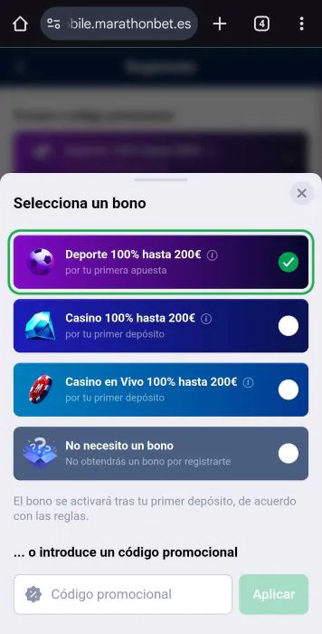Marathonbet registrarse elegir bono
