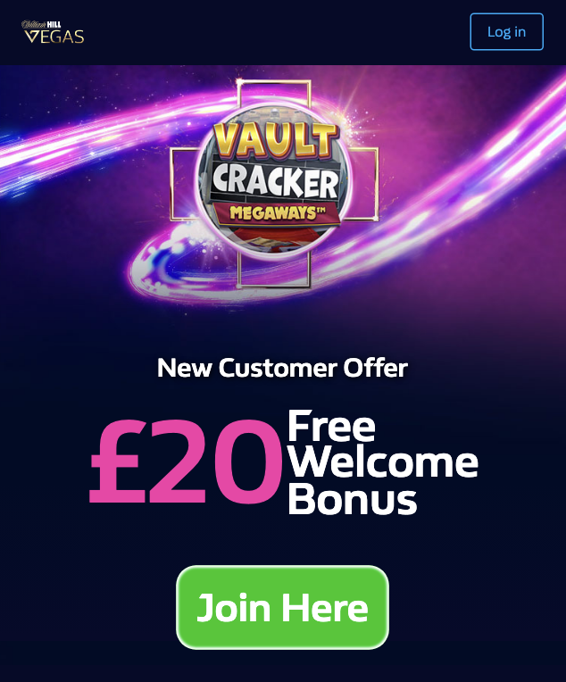 Landing page for the £20 free welcome bonus on William Hill Vegas