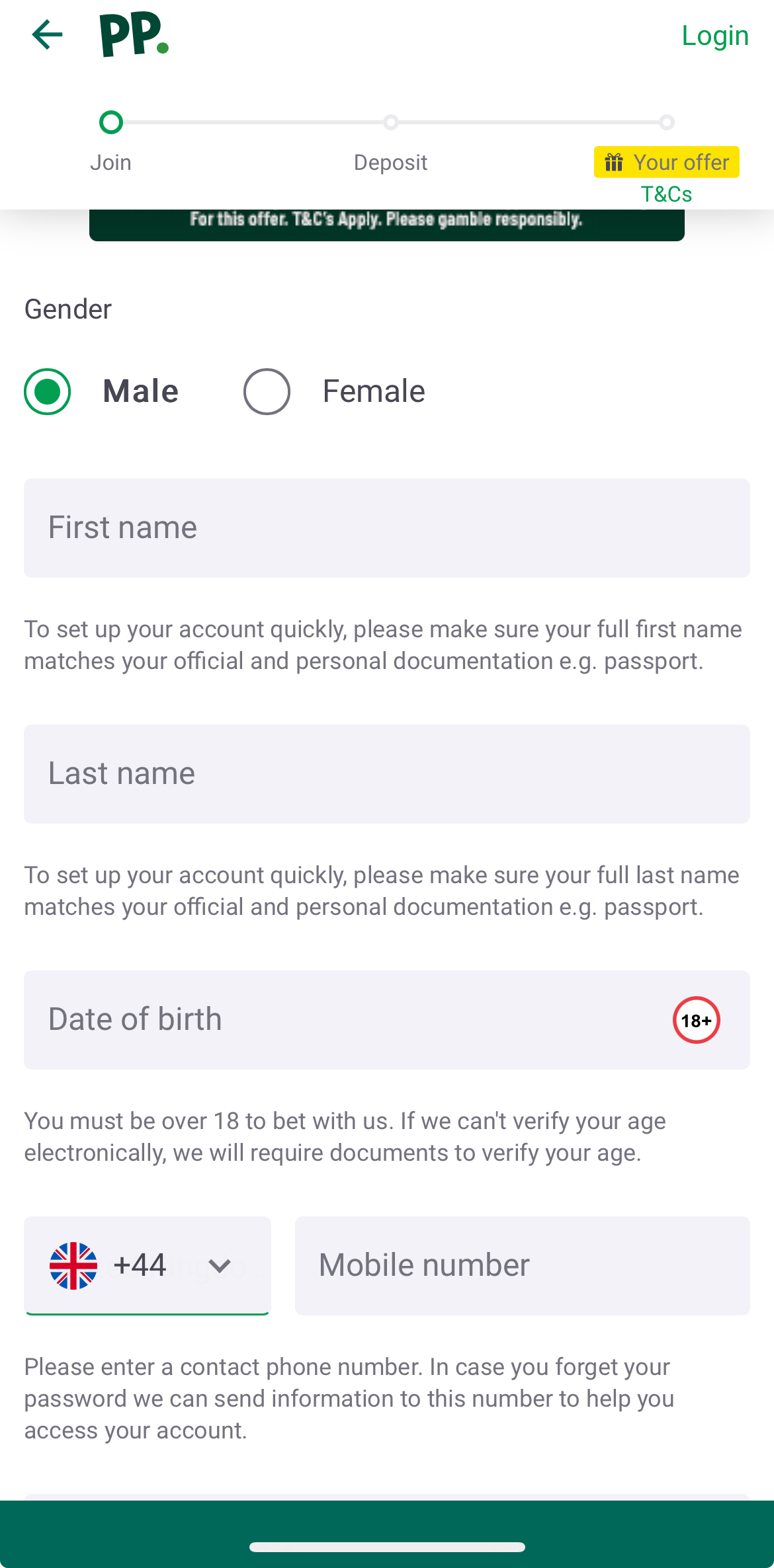 Paddy Power App - Personal Details