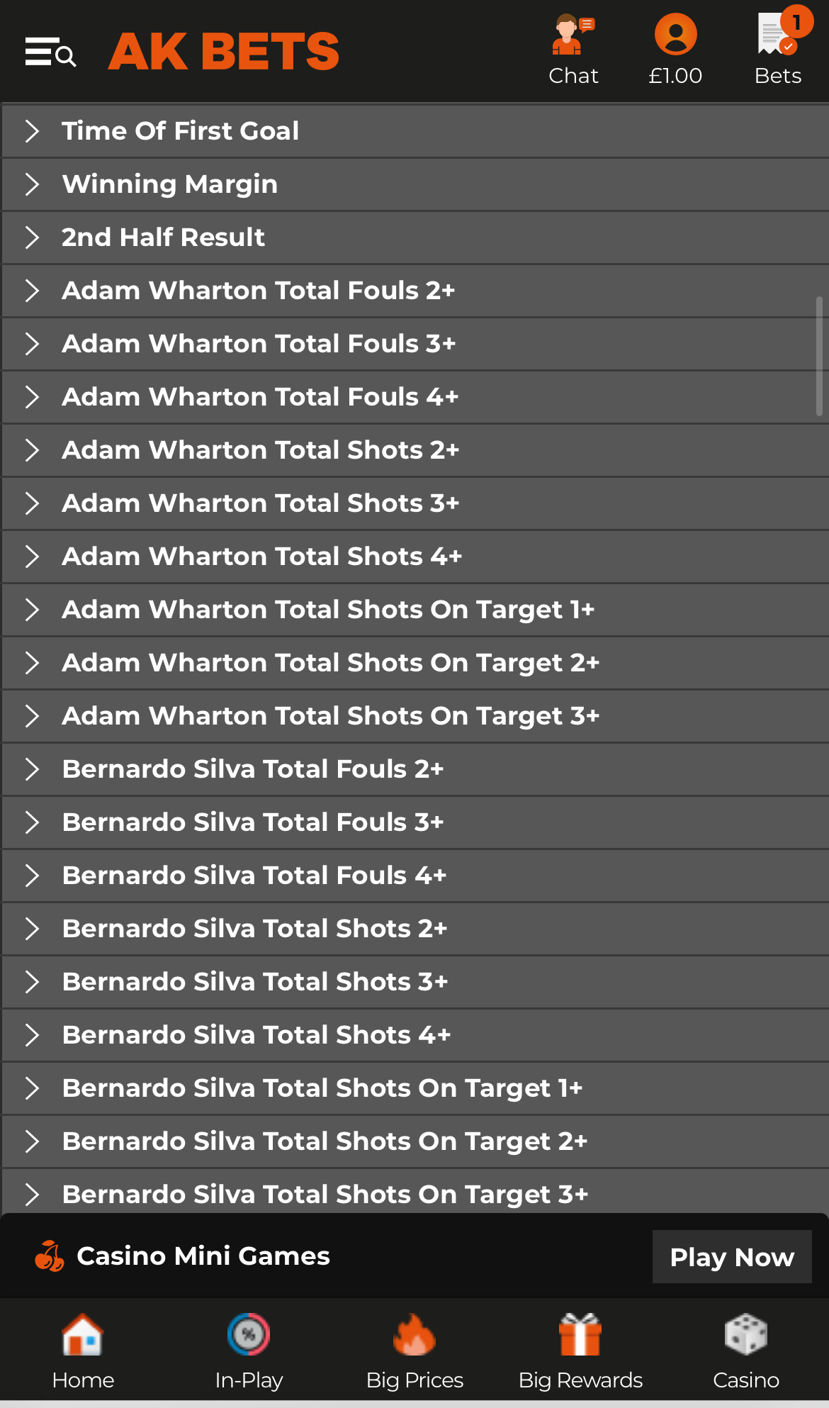 AK Bets Sportsbook Market Layout