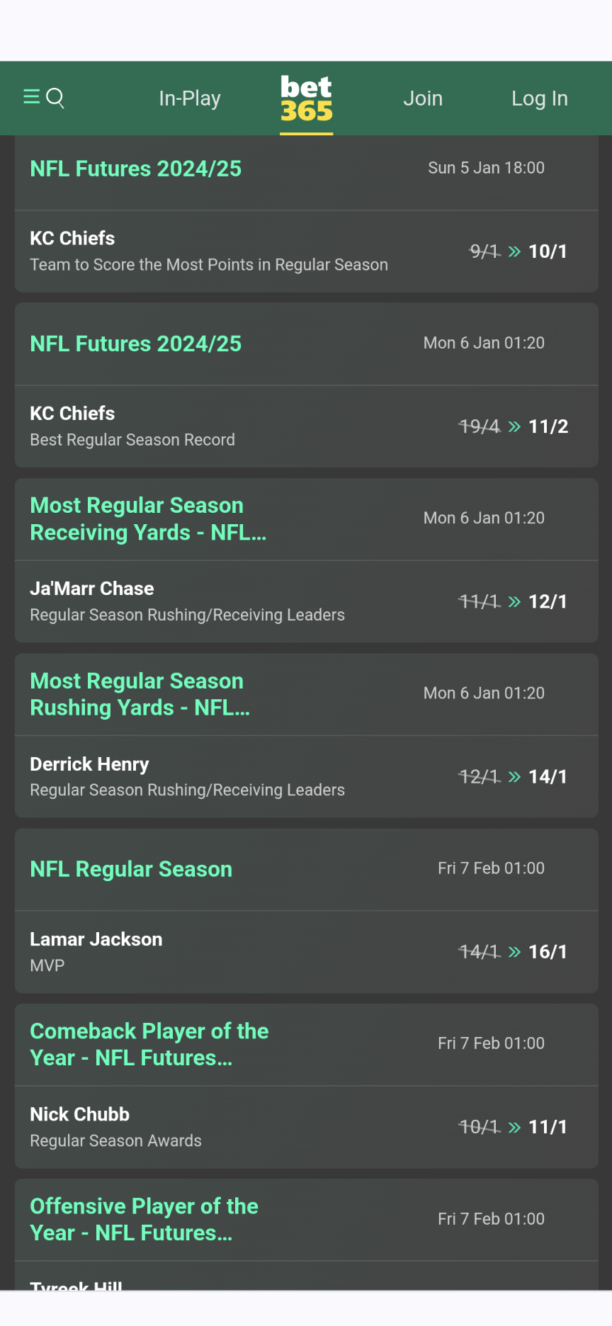 Bet365 app NFL futures betting