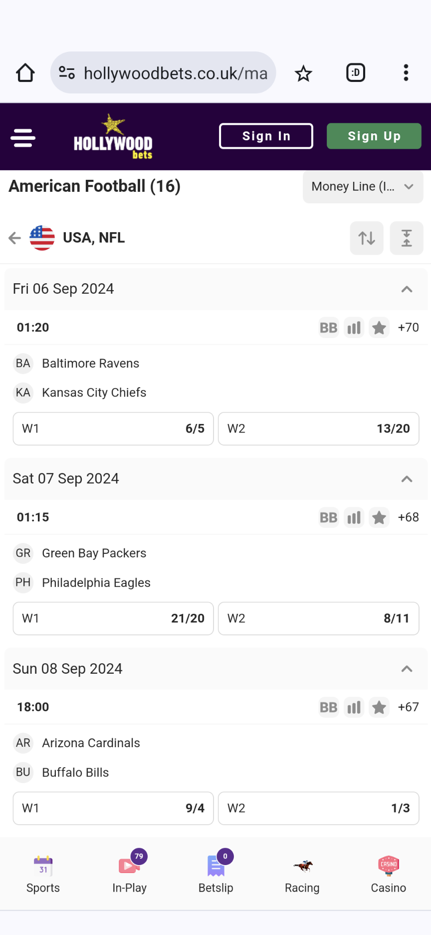 Hollywoodbets NFL betting