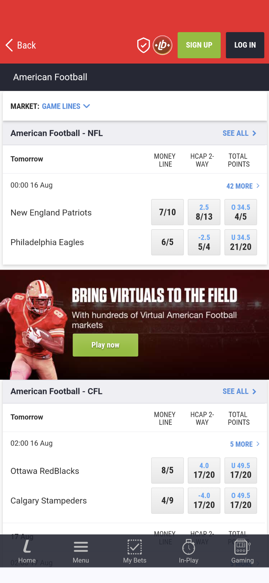 Ladbrokes UK NFL betting