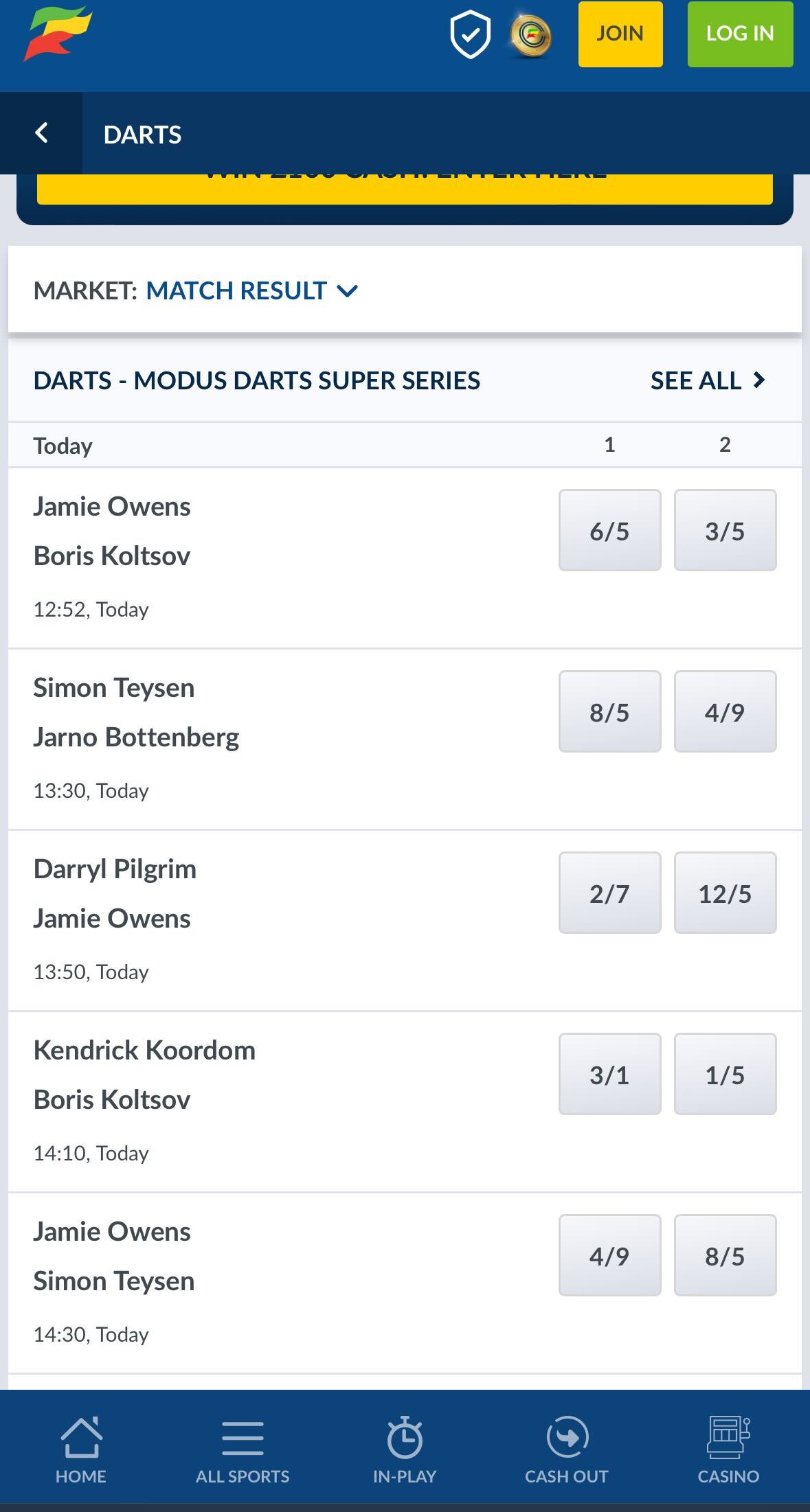 Coral mobile darts betting UK
