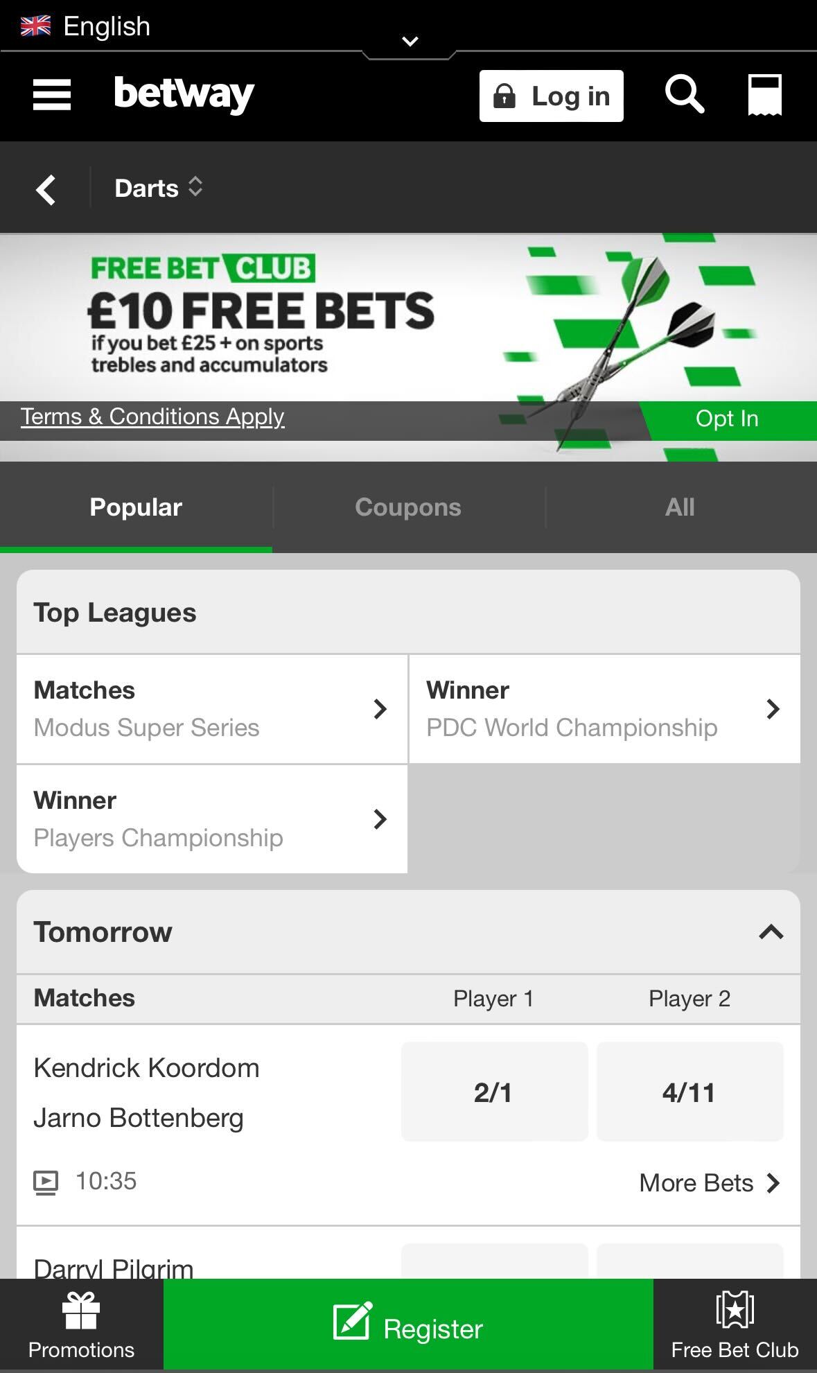 Betway mobile darts betting UK