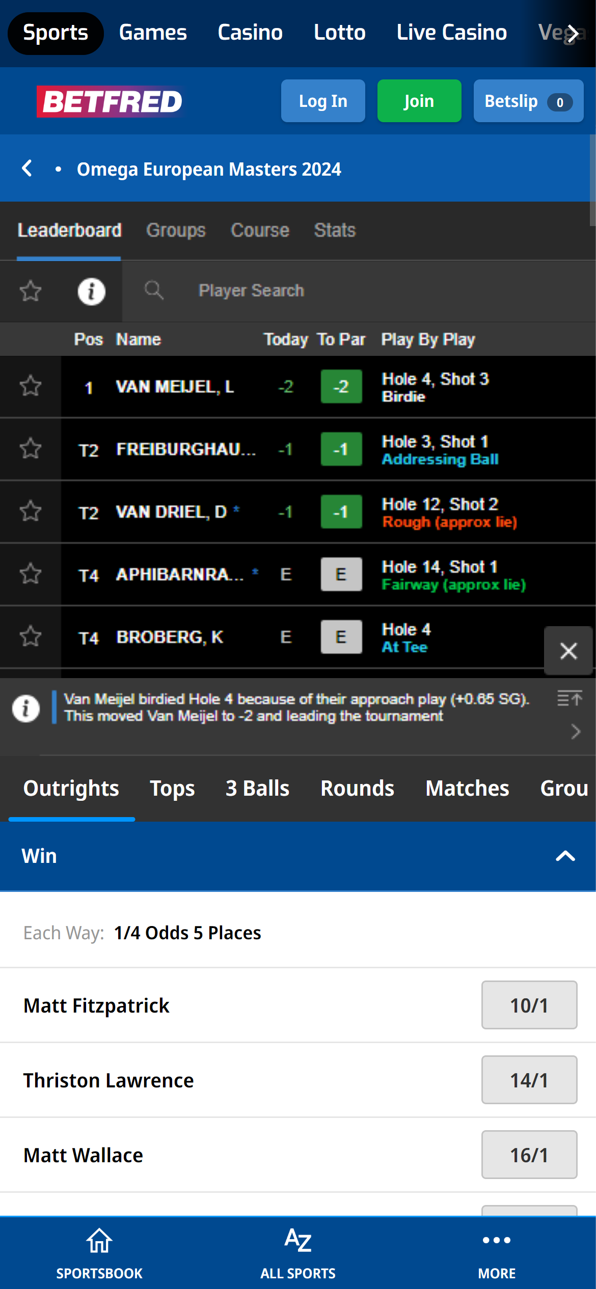 Betfred golf betting