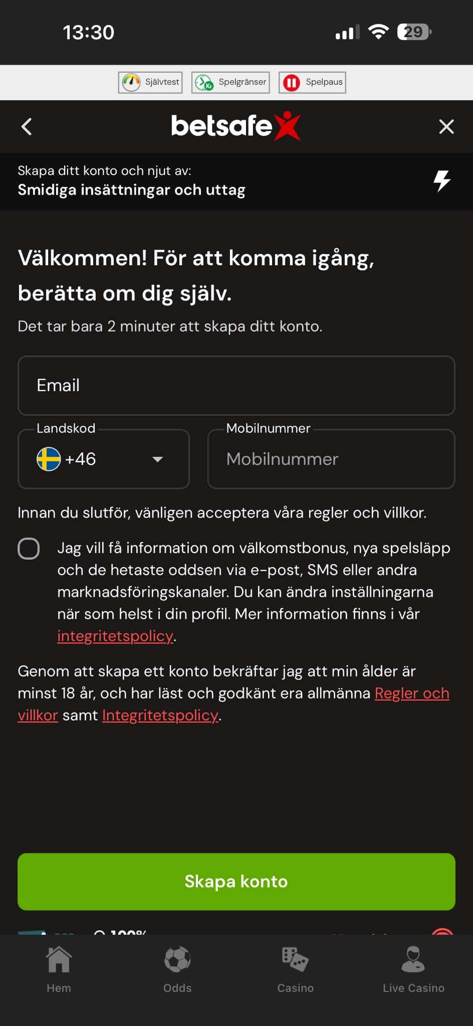 Registrering - Betsafe