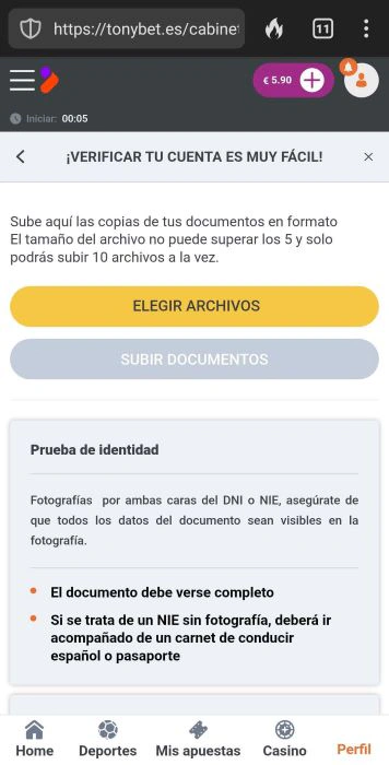 Tonybet España verificacion 2
