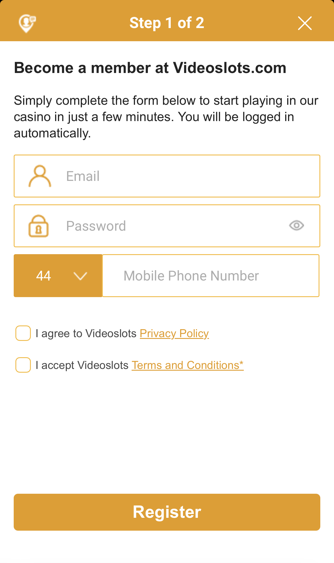 Videoslots registration Step 2