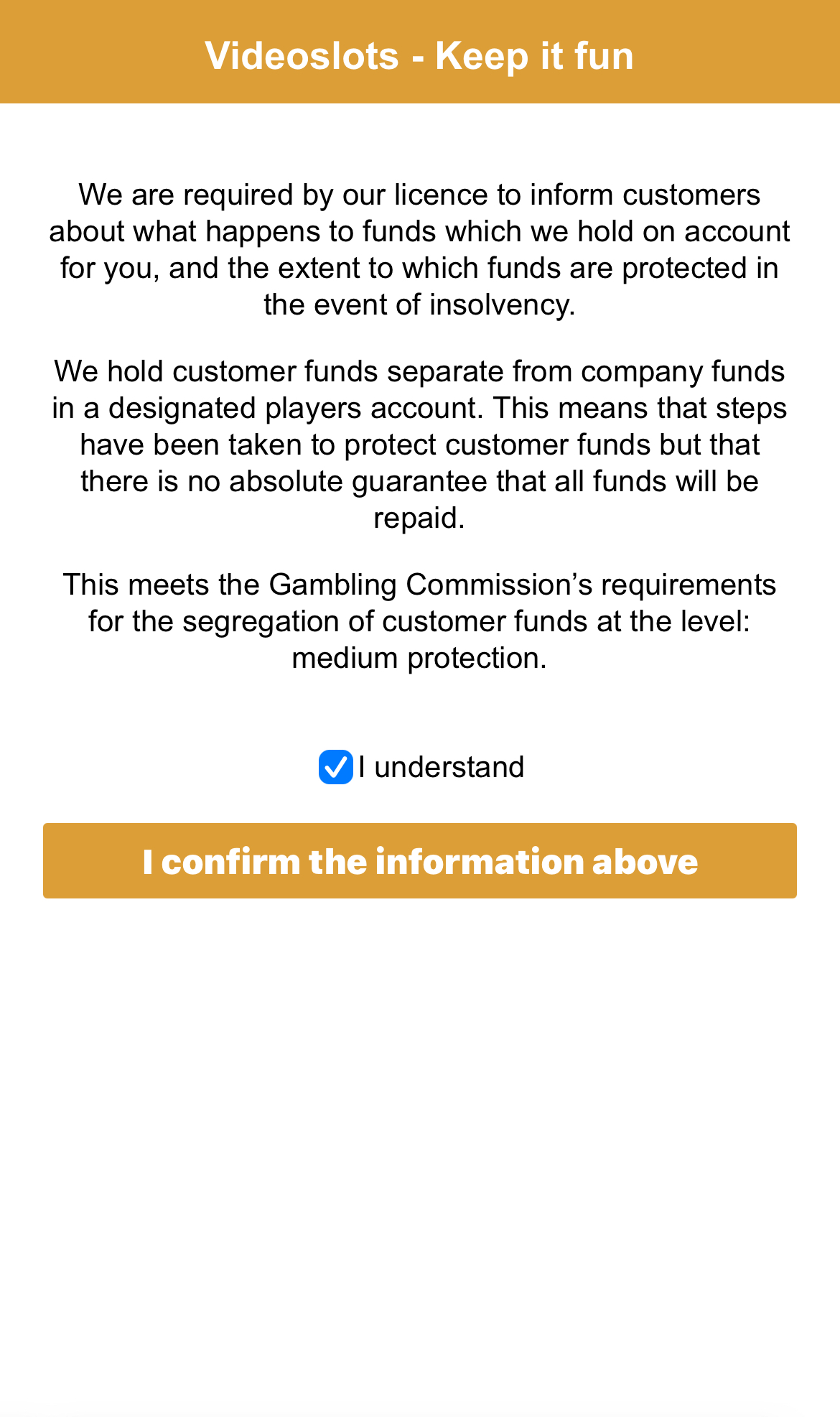 Videoslots registration Step 5 - Customer Funds