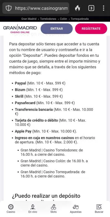 Gran Madrid Casino Online - metodos de pago