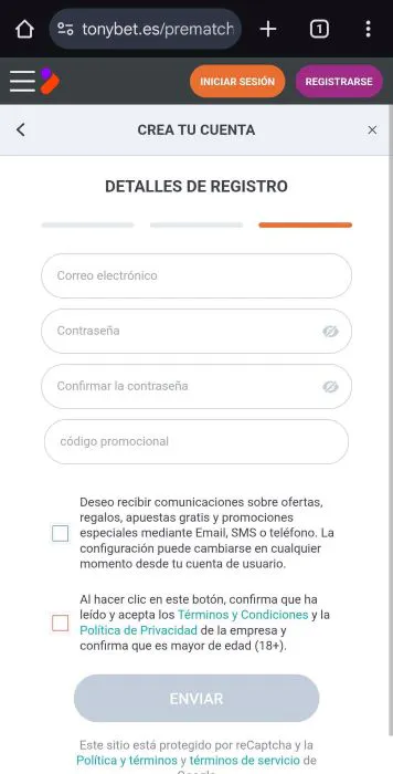 Tonybet España registrarse 4