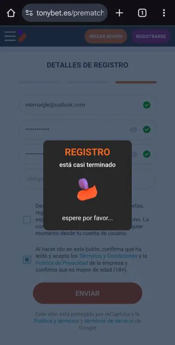 Tonybet España registrarse 5