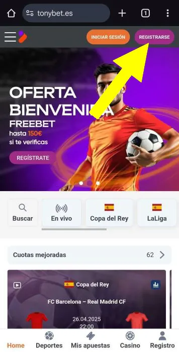 Tonybet España registrarse 1
