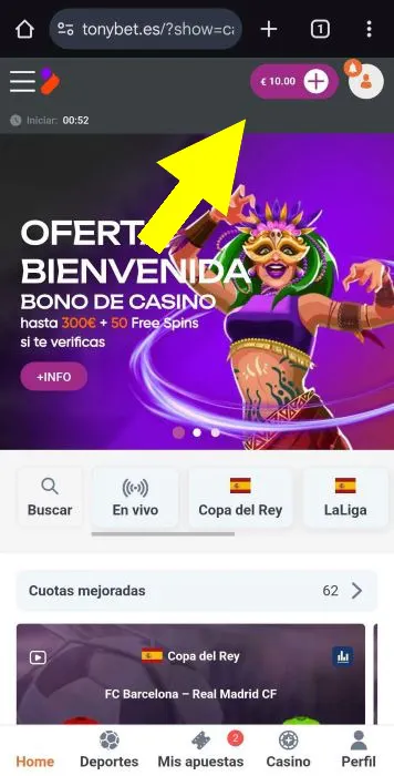 Tonybet España depositar 1
