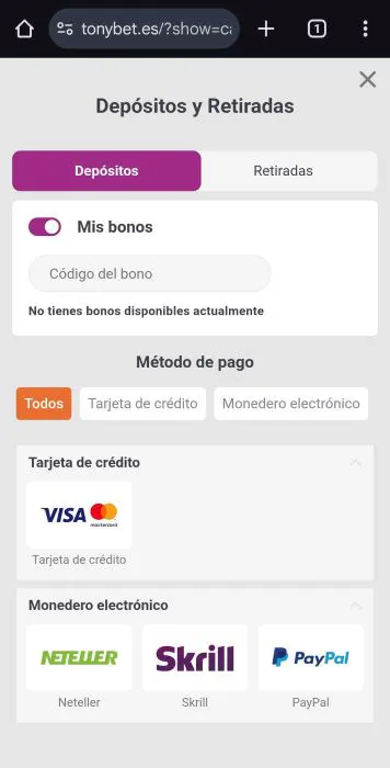 Tonybet España depositar 2