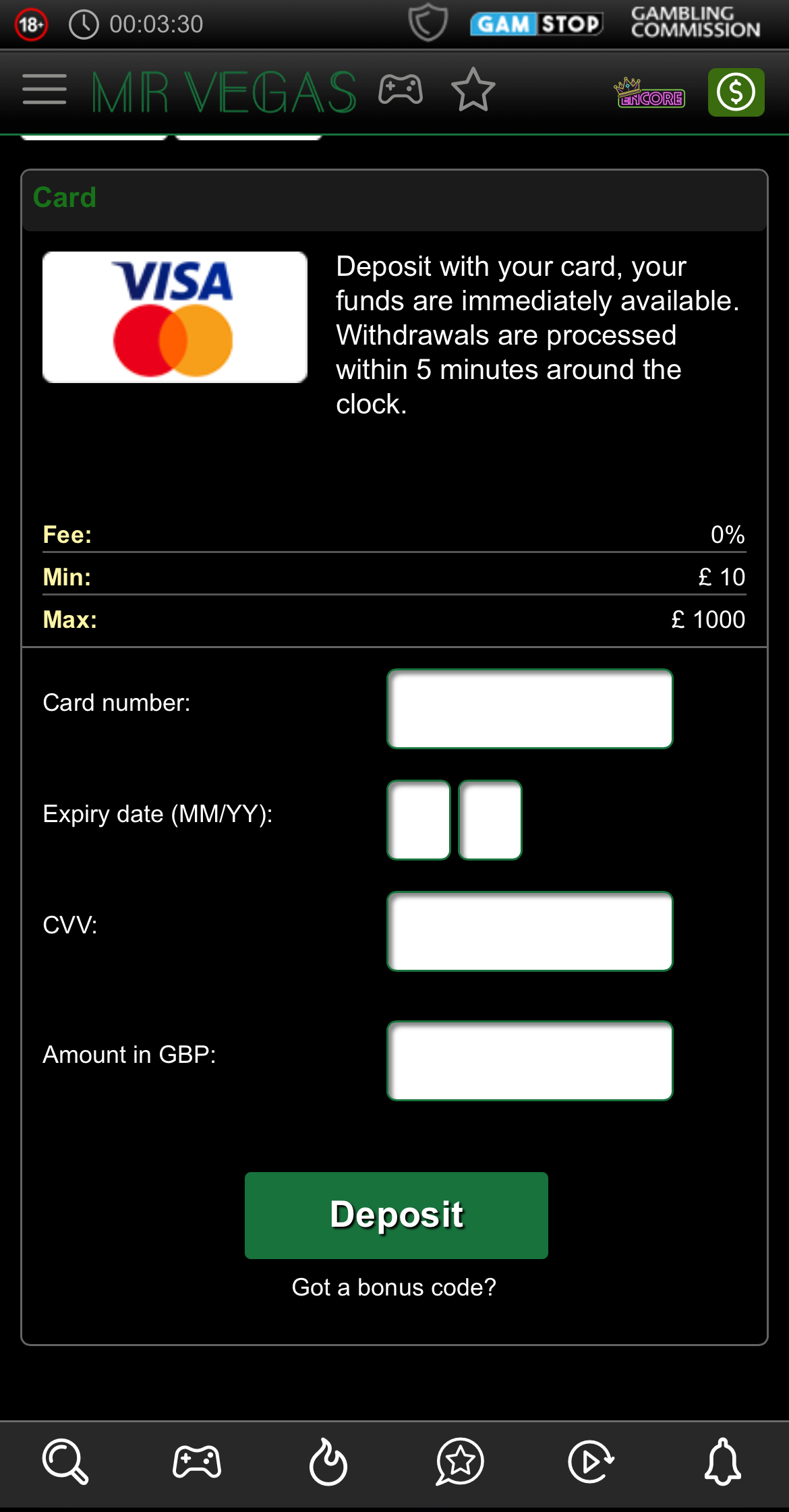Mr Vegas Deposit Details