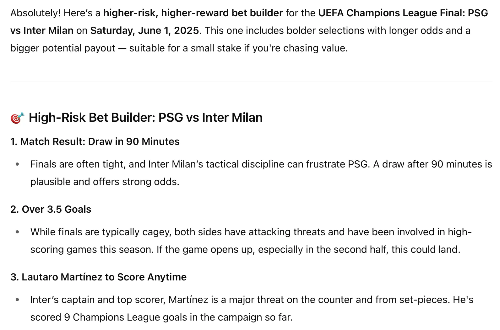 ChatGPT Higher Risk Bet Builder